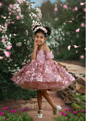 Dusty Pink Beaded Double Straps Lace Tulle Sweet Flower Girl Dress